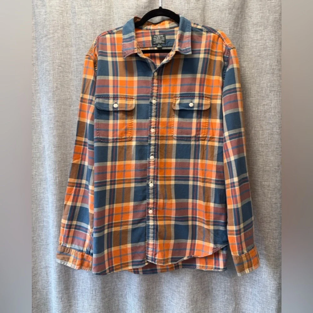 J. Crew Men's Orange and Blue Plaid Shirt XL